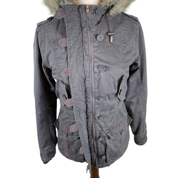 Aeropostale Y2K Utility Jacket Womens S Faux Fur Lined Hood Military Bomber Gray - Picture 6 of 13